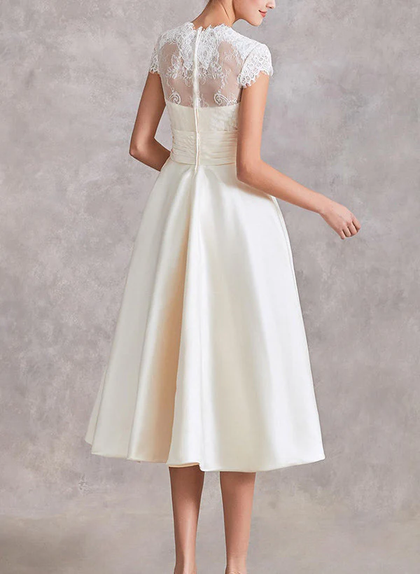 V-Neck Short Sleeves Tea-Length Satin Wedding Dresses Lace - Image 2