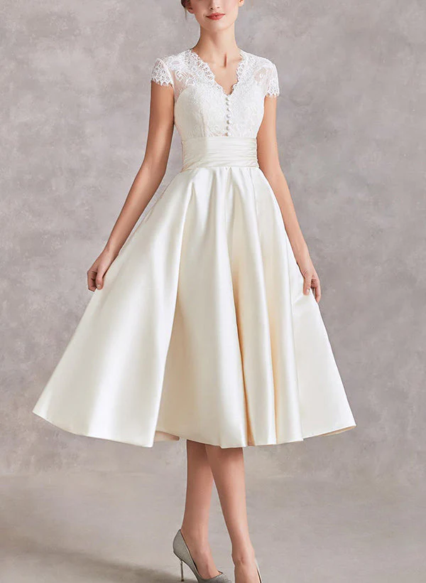 V-Neck Short Sleeves Tea-Length Satin Wedding Dresses Lace - Image 3