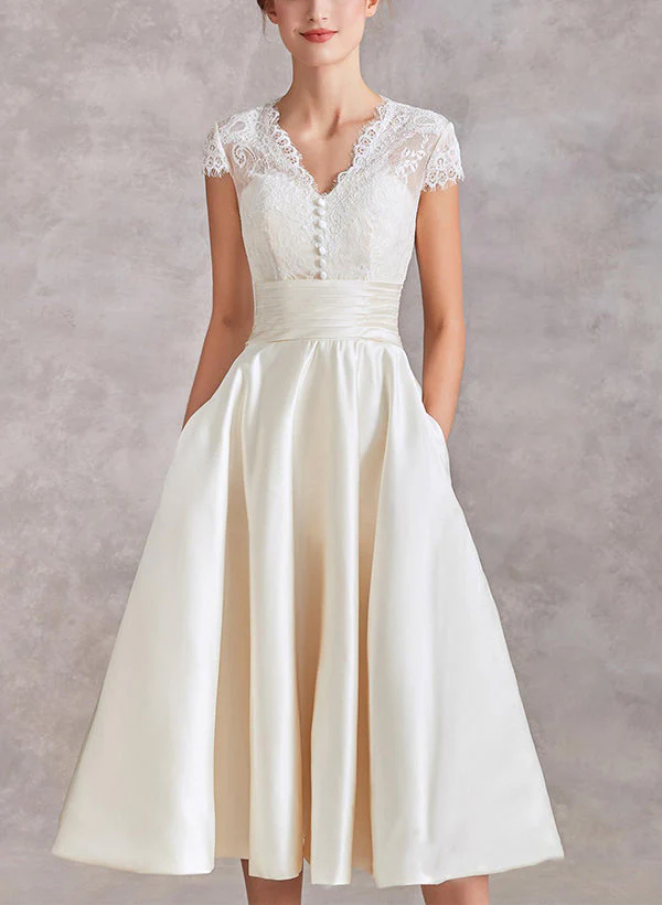 V-Neck Short Sleeves Tea-Length Satin Wedding Dresses Lace - Image 4
