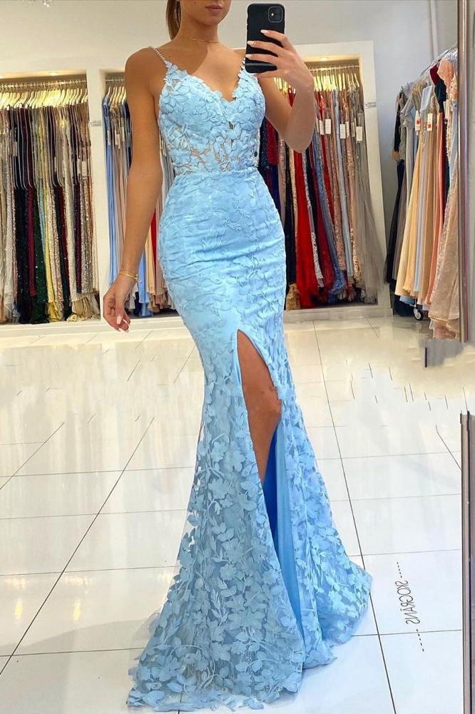 V-neck Sky Blue High Split Special Lace Design Evening Dress - Image 2