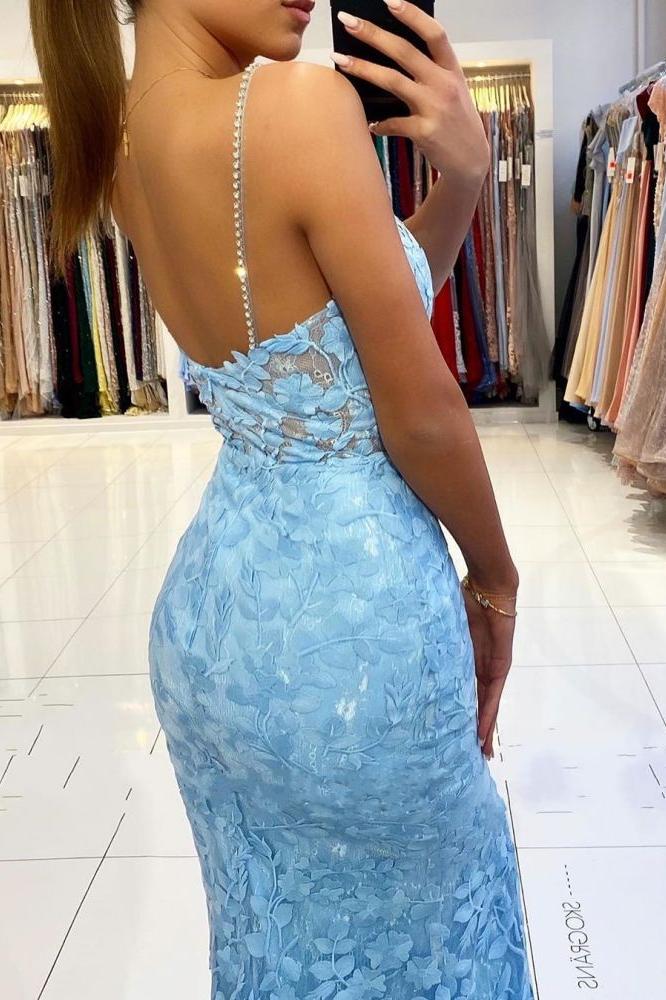 V-neck Sky Blue High Split Special Lace Design Evening Dress - Image 4