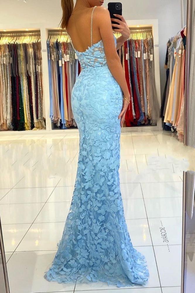V-neck Sky Blue High Split Special Lace Design Evening Dress - Image 5
