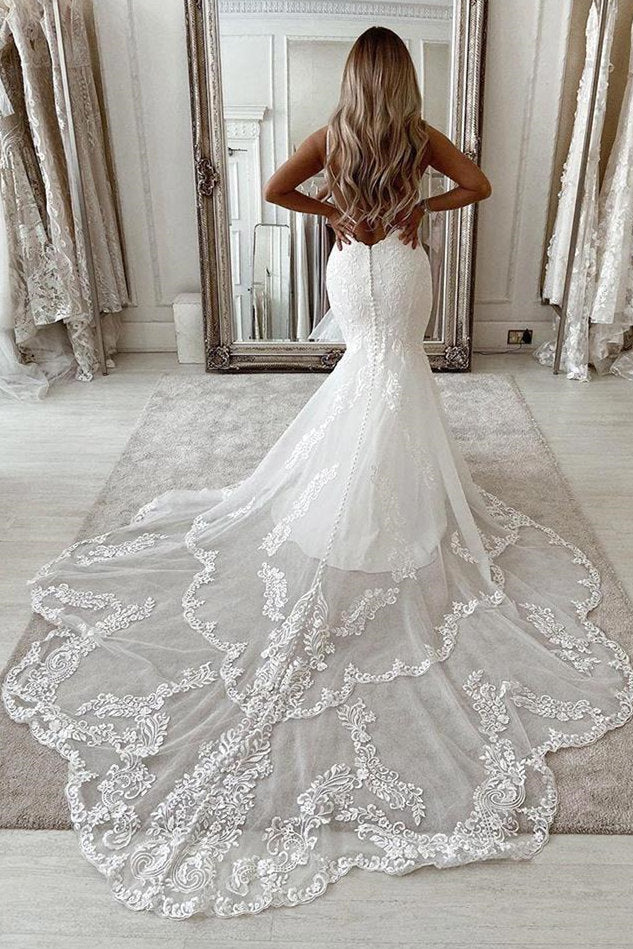 V-Neck Sleeveless Appliques Lace Mermaid Long Wedding Dresses - Image 2