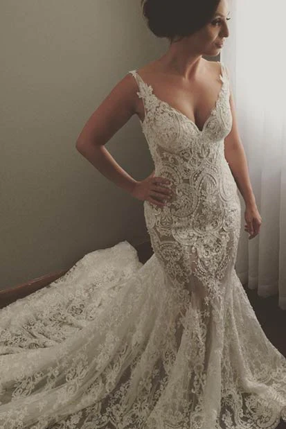 V neck Sleeveless Mermaid Wedding Dresses Modern Lace Appliques Bridal Gown - Image 2
