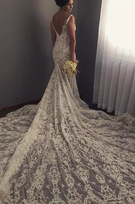 V neck Sleeveless Mermaid Wedding Dresses Modern Lace Appliques Bridal Gown - Image 3