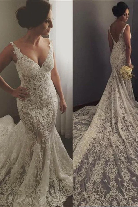 V neck Sleeveless Mermaid Wedding Dresses Modern Lace Appliques Bridal Gown - Image 4
