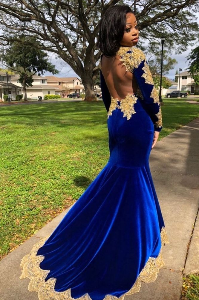 Velvet Long Sleeves Mermaid Front Split Gold Apliques Prom Party Gowns Royal Blue - Image 2