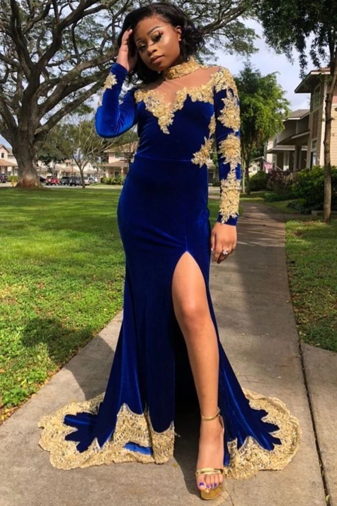 Velvet Long Sleeves Mermaid Front Split Gold Apliques Prom Party Gowns Royal Blue - Image 3