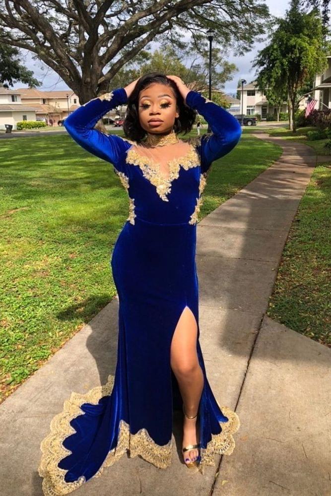 Velvet Long Sleeves Mermaid Front Split Gold Apliques Prom Party Gowns Royal Blue - Image 4