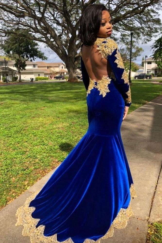 Velvet Long Sleeves Mermaid Front Split Gold Apliques Prom Party Gowns Royal Blue - Image 5