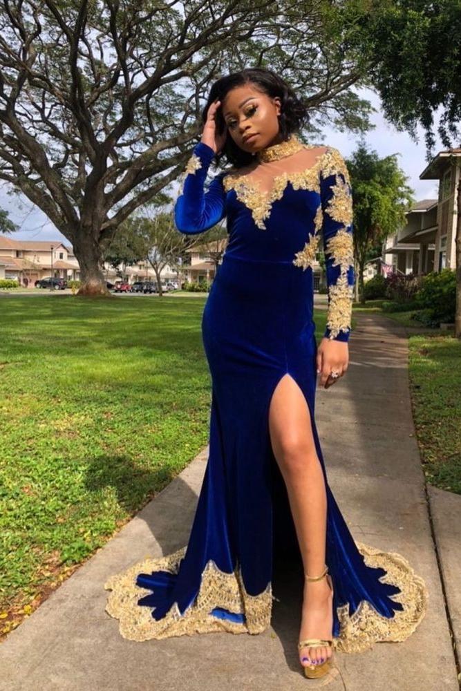 Velvet Long Sleeves Mermaid Front Split Gold Apliques Prom Party Gowns Royal Blue - Image 6