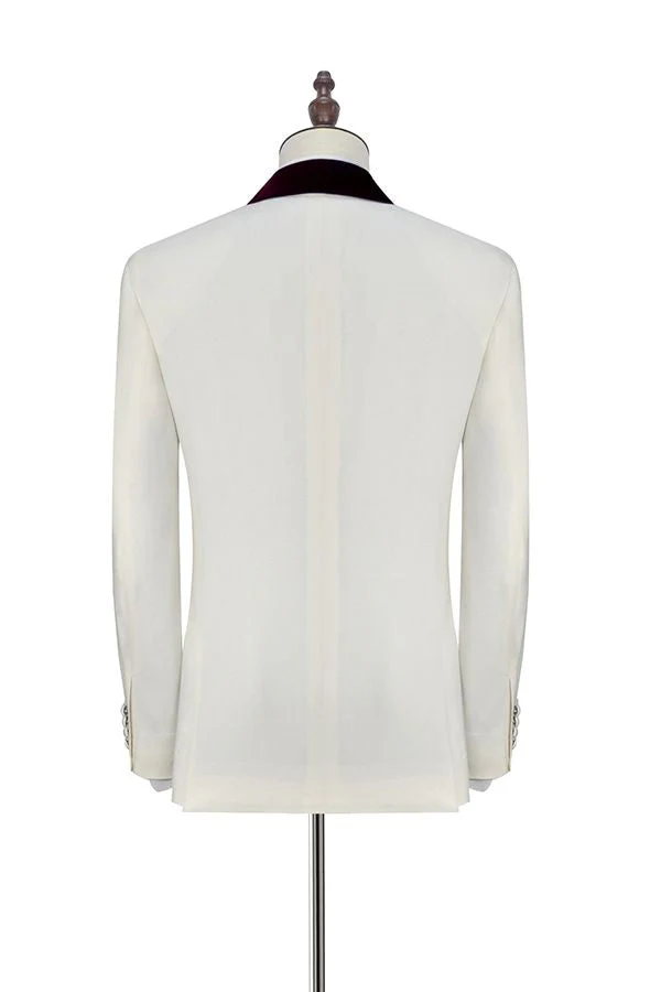 Velvet Shawl Collar White Wedding Tuxedos Three Piece Wedding Suits with Burgundy Vest - Image 3