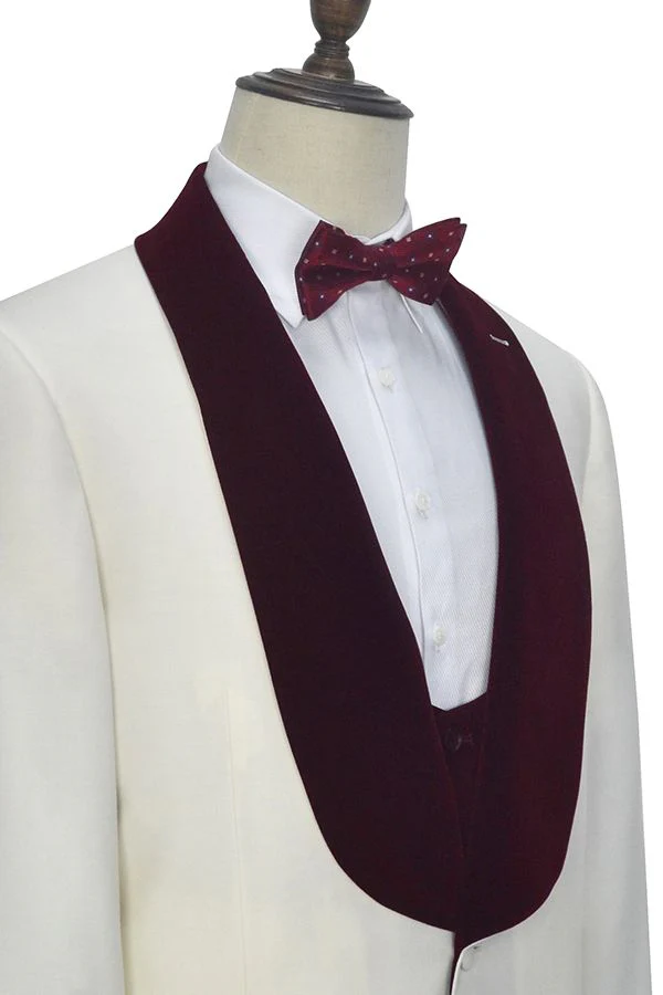 Velvet Shawl Collar White Wedding Tuxedos Three Piece Wedding Suits with Burgundy Vest - Image 6