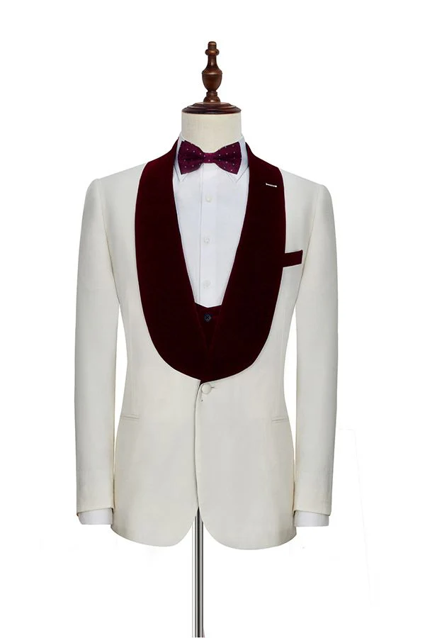 Velvet Shawl Collar White Wedding Tuxedos Three Piece Wedding Suits with Burgundy Vest - Image 2