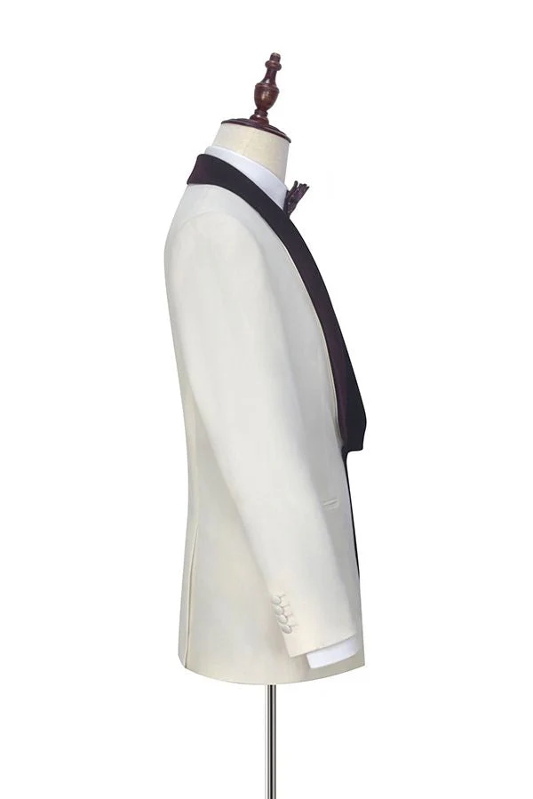 Velvet Shawl Collar White Wedding Tuxedos Three Piece Wedding Suits with Burgundy Vest - Image 5