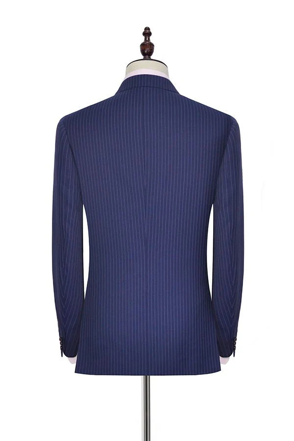 Vertical Stripes Peak Lapel Mens Suits for Business Two Buttons Navy Blue Suits for Men - Image 2