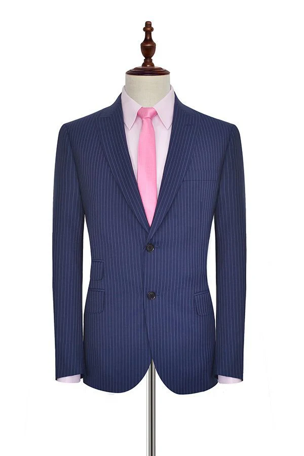 Vertical Stripes Peak Lapel Mens Suits for Business Two Buttons Navy Blue Suits for Men - Image 3