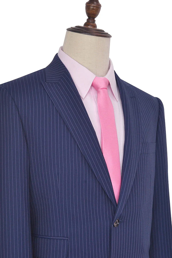 Vertical Stripes Peak Lapel Mens Suits for Business Two Buttons Navy Blue Suits for Men - Image 4