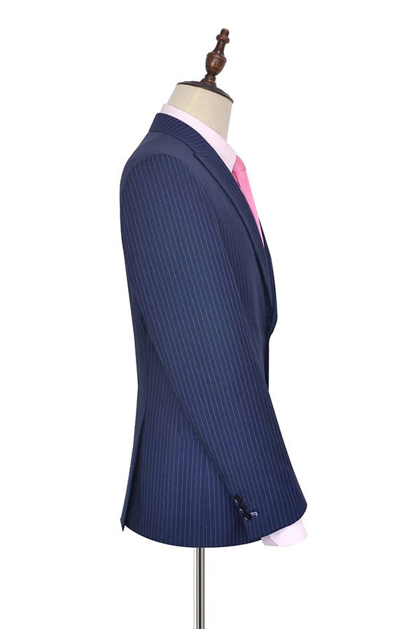 Vertical Stripes Peak Lapel Mens Suits for Business Two Buttons Navy Blue Suits for Men - Image 5
