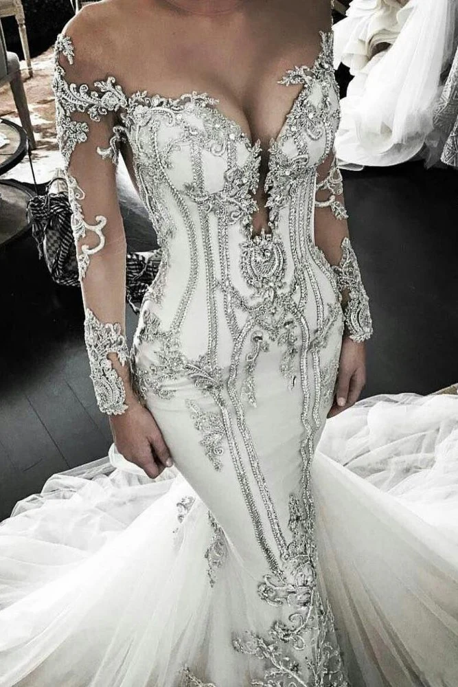 Vintage Appliques Mermaid Wedding Dresses Off the Shoulder Long Sleevess Bridal Gowns - Image 2