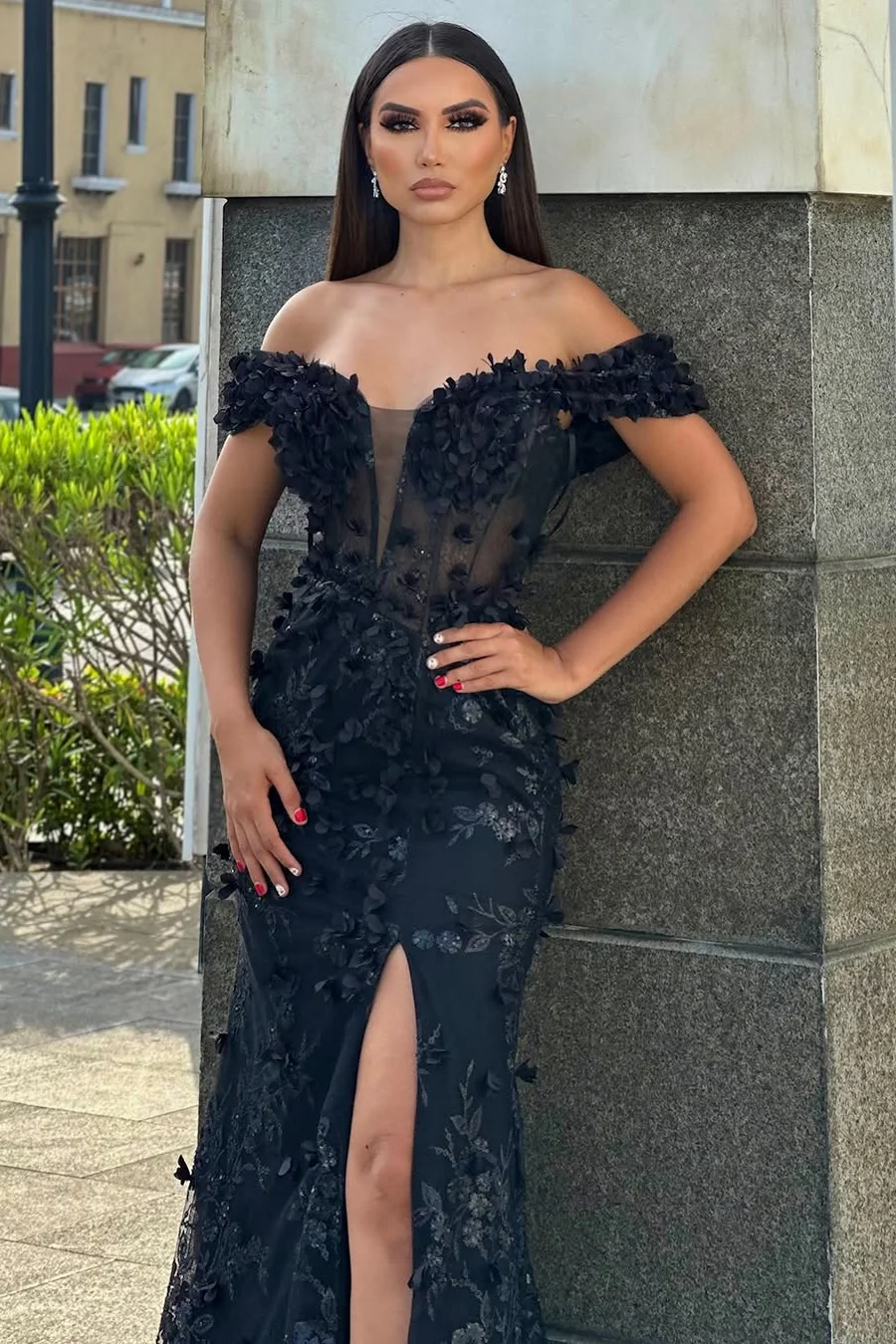 Vintage Black Off-The-Shoulder Mermaid Prom Dresses Sheath Long With High Split - Image 5