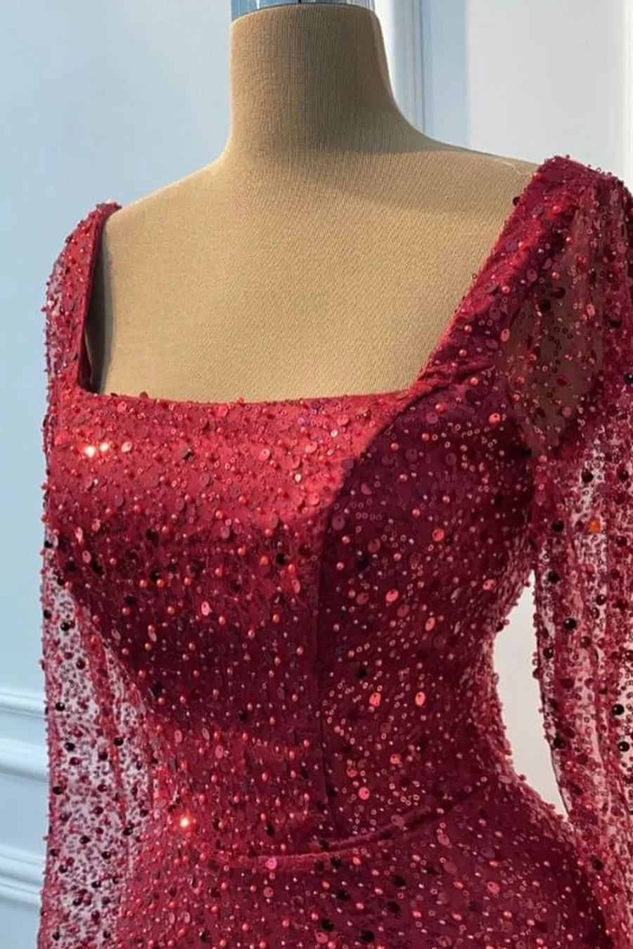 Vintage Burgundy Square Long Sleeves Sequins Prom Dresses Mermaid Sheath Online - Image 2