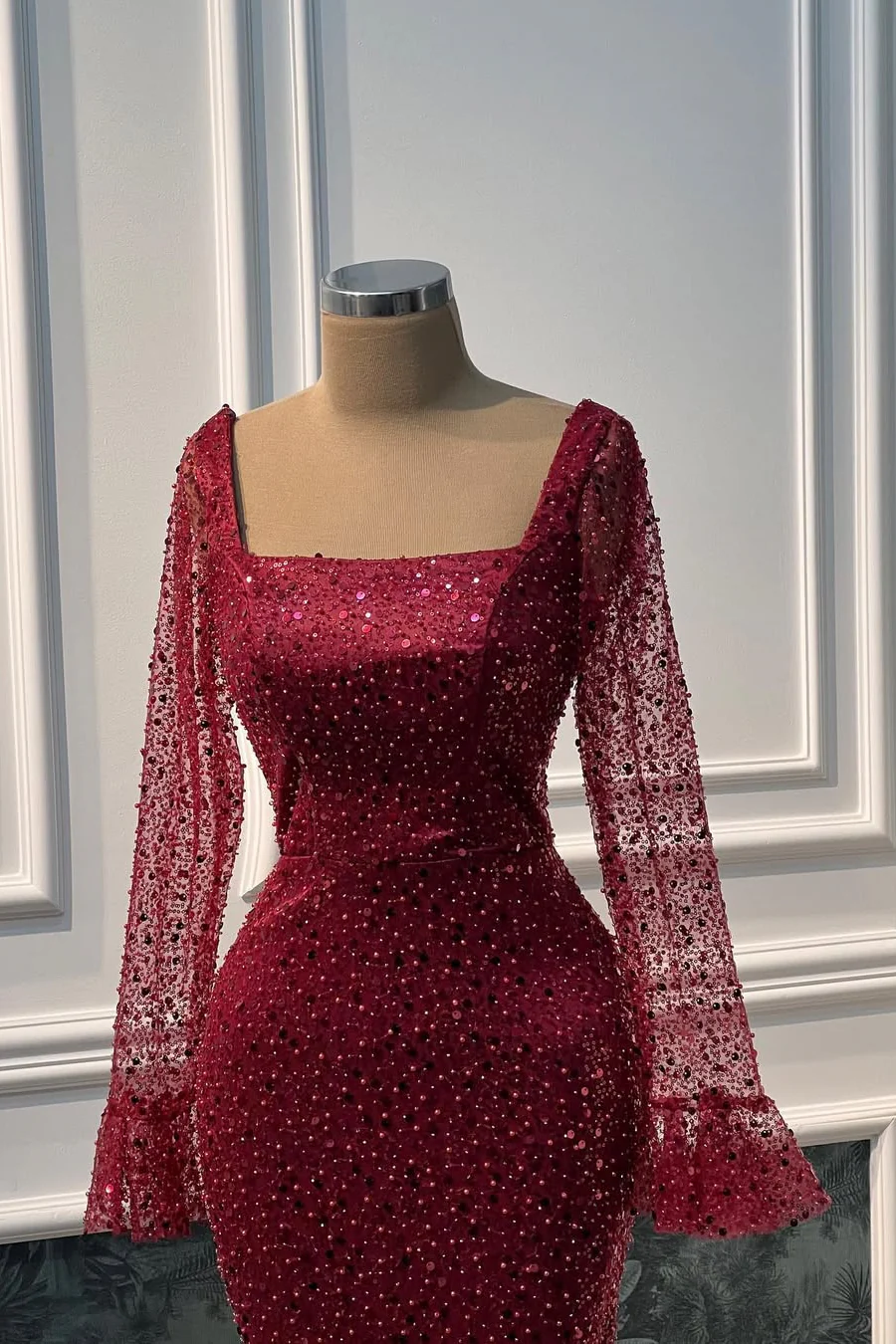 Vintage Burgundy Square Long Sleeves Sequins Prom Dresses Mermaid Sheath Online - Image 3