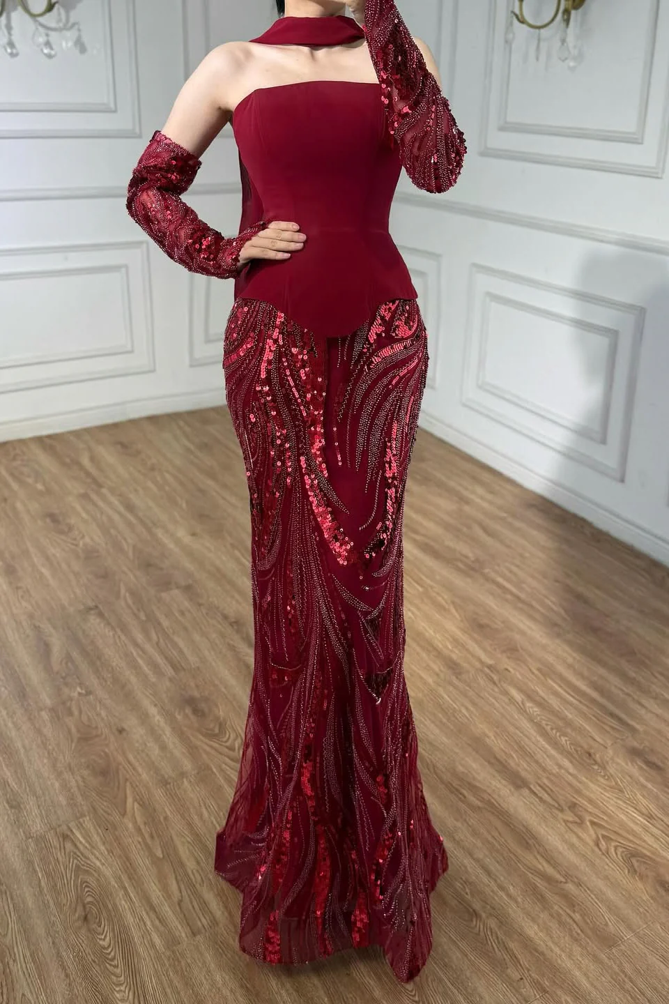 Vintage Burgundy Strapless Mermaid Prom Dresses Two-Pieces Beads With Detachable Sleeves - Image 2