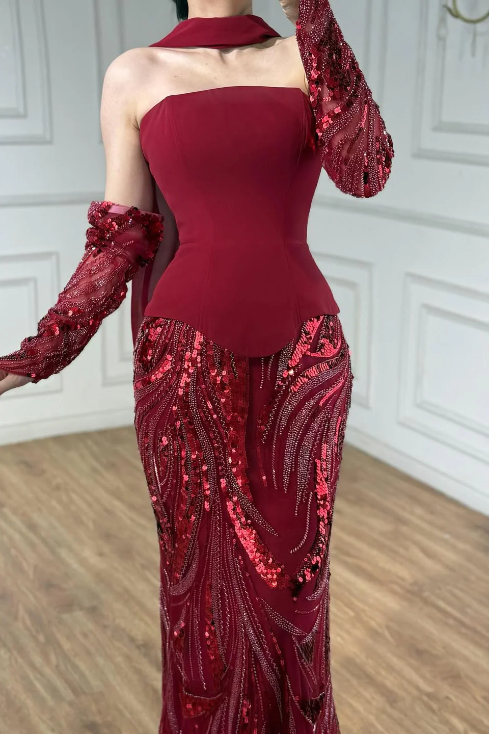 Vintage Burgundy Strapless Mermaid Prom Dresses Two-Pieces Beads With Detachable Sleeves - Image 3