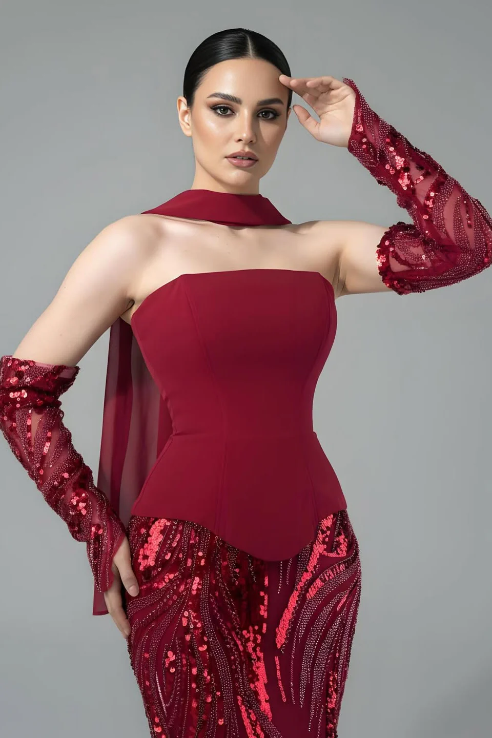 Vintage Burgundy Strapless Mermaid Prom Dresses Two-Pieces Beads With Detachable Sleeves - Image 4