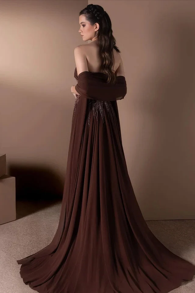 Vintage Dark Brown Strapless Sleeveless Chiffon Prom Dresses A-Line Beads With Shawl - Image 2