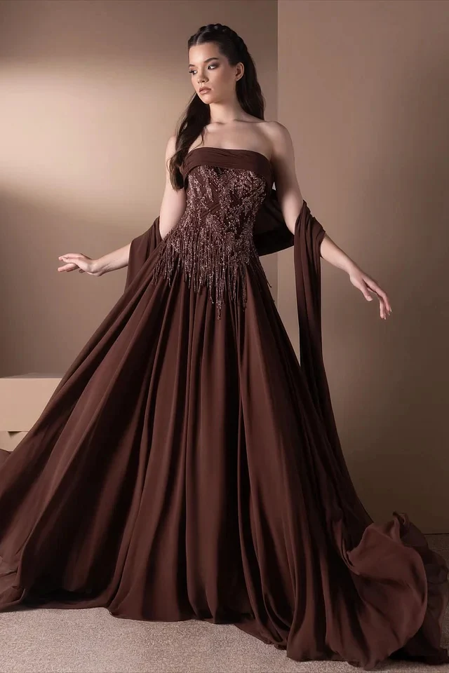 Vintage Dark Brown Strapless Sleeveless Chiffon Prom Dresses A-Line Beads With Shawl - Image 3