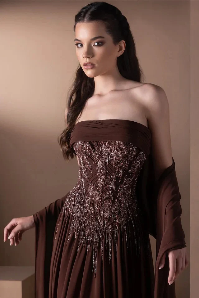 Vintage Dark Brown Strapless Sleeveless Chiffon Prom Dresses A-Line Beads With Shawl - Image 4