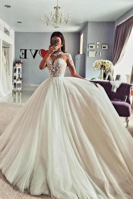 Ballbella Chic Jewel Lace Tulle Wedding Gowns With Long Sleeves - Image 2