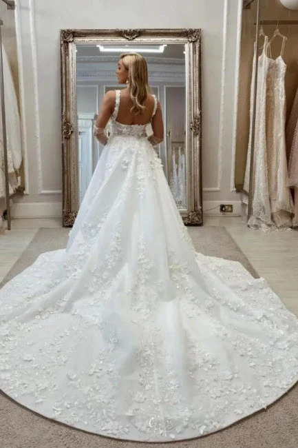 Chic Long A-Line Lace Sleeveless Appliques Wedding Dresses with Detachable Train - Image 2