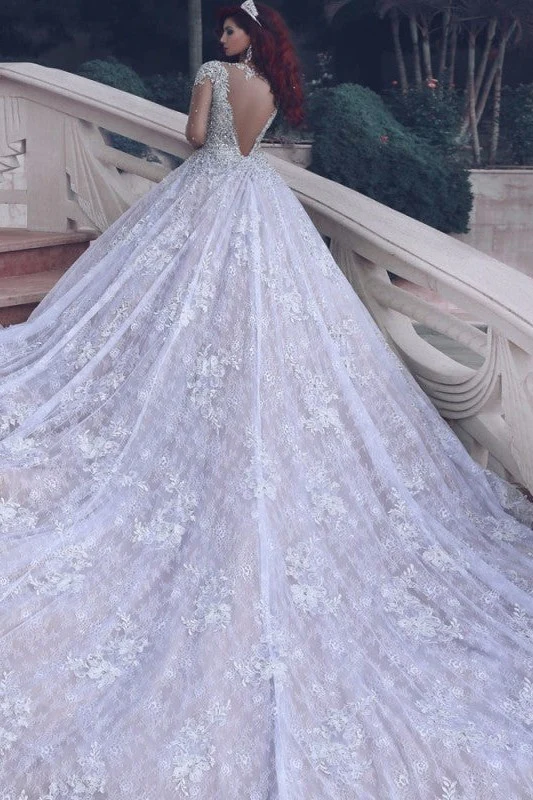 Vintage Luxurious Muslim Crystal Beading Cathedral Train Sheer Lace Wedding Dress - Image 2