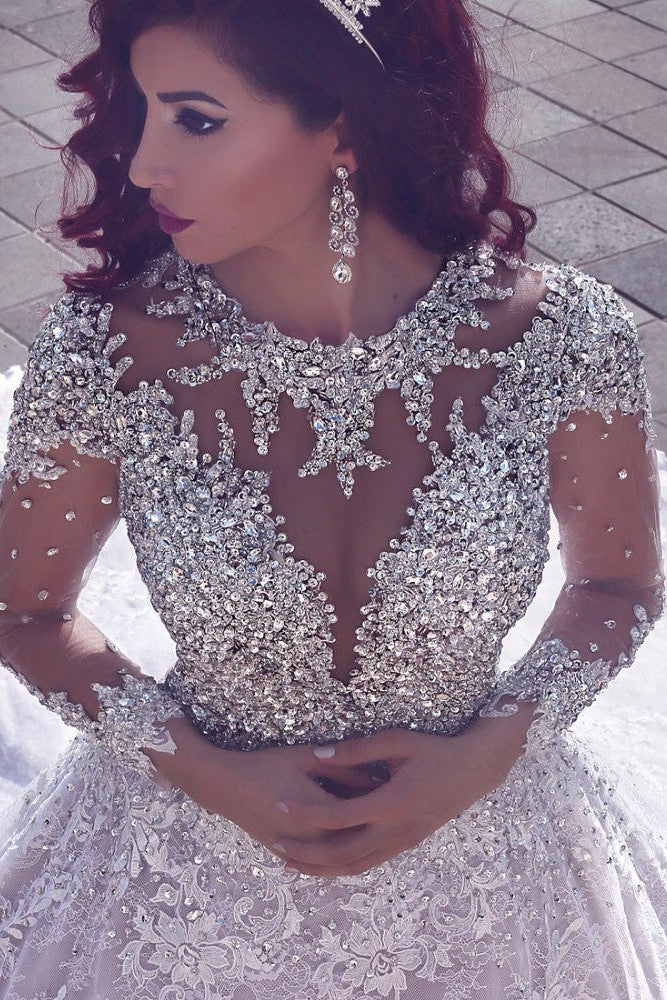 Vintage Luxurious Muslim Crystal Beading Cathedral Train Sheer Lace Wedding Dress - Image 3