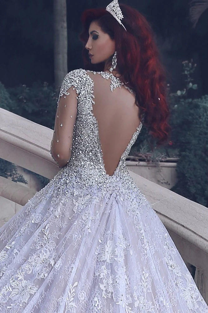 Vintage Luxurious Muslim Crystal Beading Cathedral Train Sheer Lace Wedding Dress - Image 4