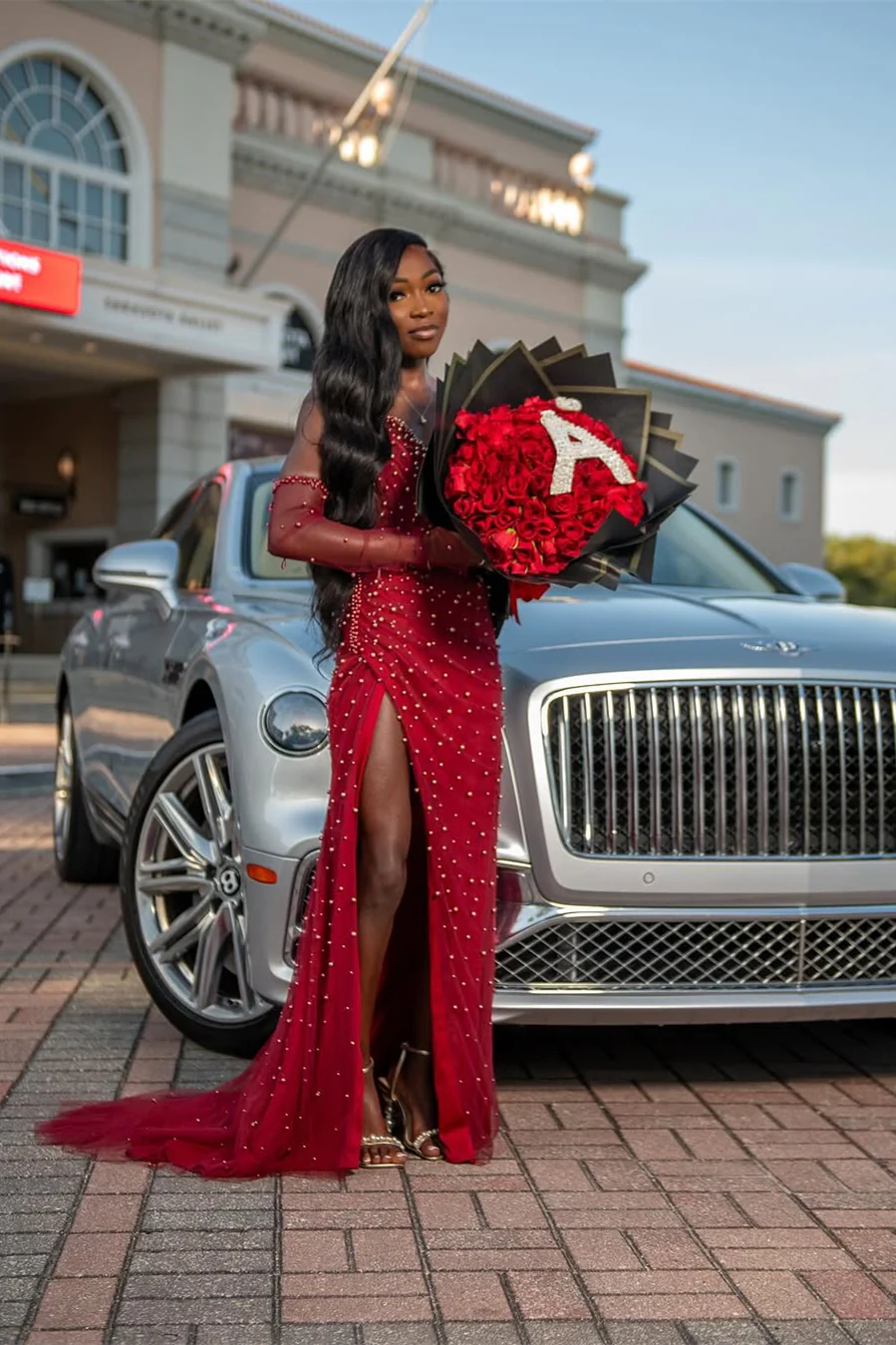 Vintage Red V-Neck Strapless Mermaid Prom Dresses Detachable Sleeves Pearls With Side Split - Image 5