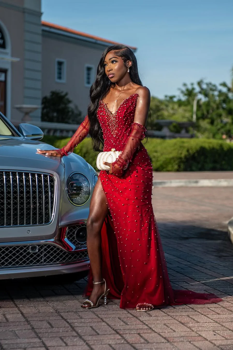 Vintage Red V-Neck Strapless Mermaid Prom Dresses Detachable Sleeves Pearls With Side Split - Image 6