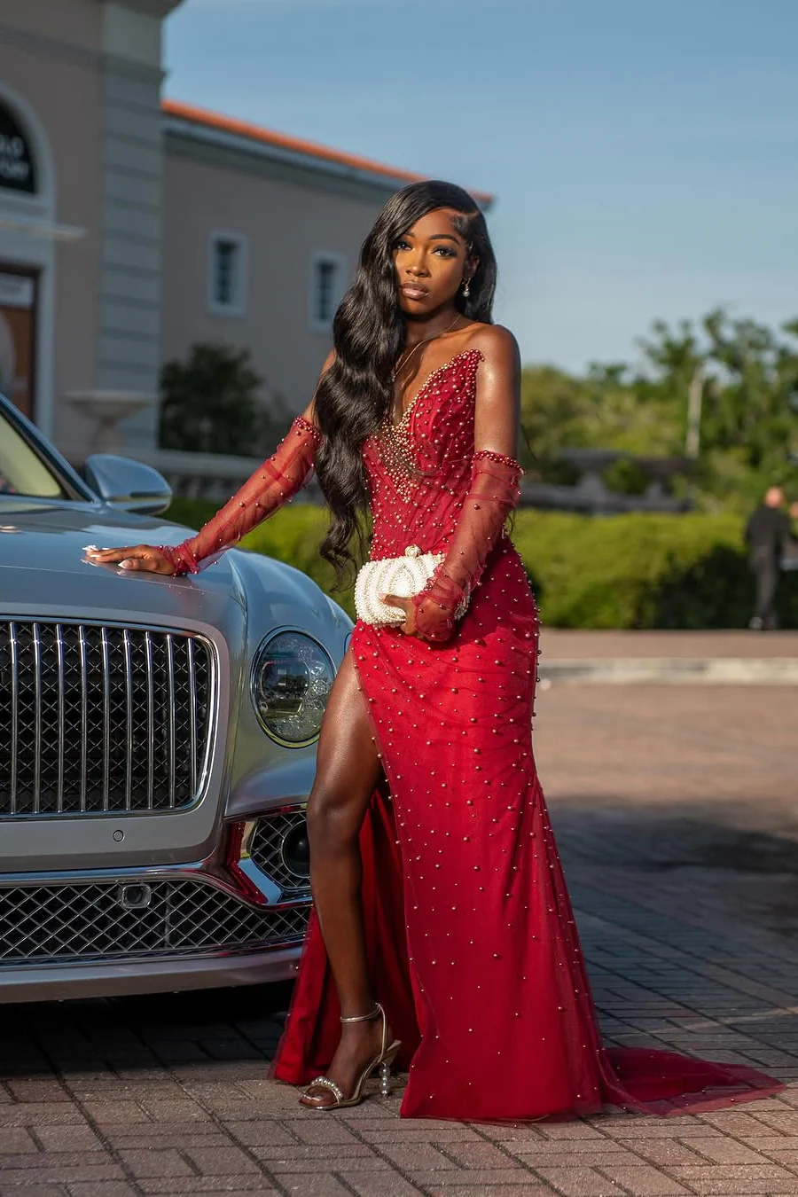 Vintage Red V-Neck Strapless Mermaid Prom Dresses Detachable Sleeves Pearls With Side Split - Image 7