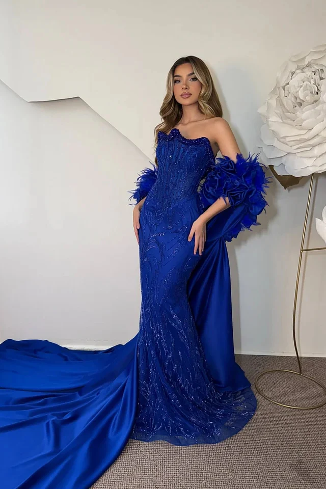 Vintage Royal Blue Strapless Sleeveless Mermaid Prom Dresses Beads With Detachable Train - Image 2