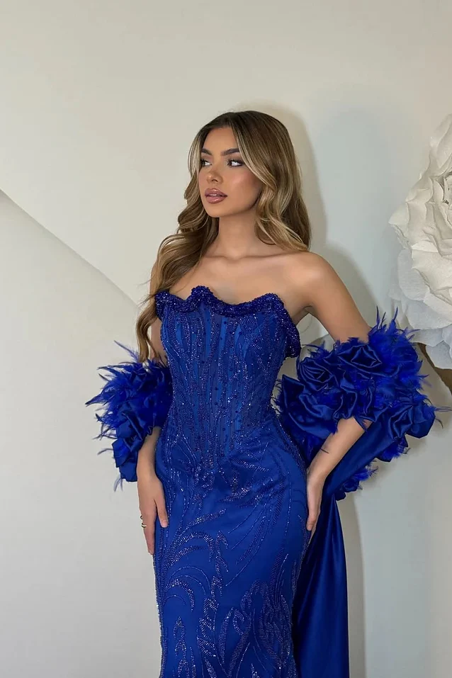 Vintage Royal Blue Strapless Sleeveless Mermaid Prom Dresses Beads With Detachable Train - Image 3