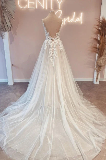 Modest Long V-Neck Sleeveless Lace Backless Wedding Dresses Online - Image 2