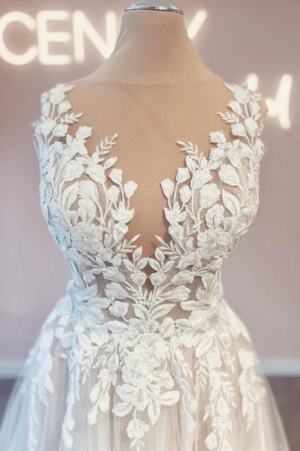 Modest Long V-Neck Sleeveless Lace Backless Wedding Dresses Online - Image 3