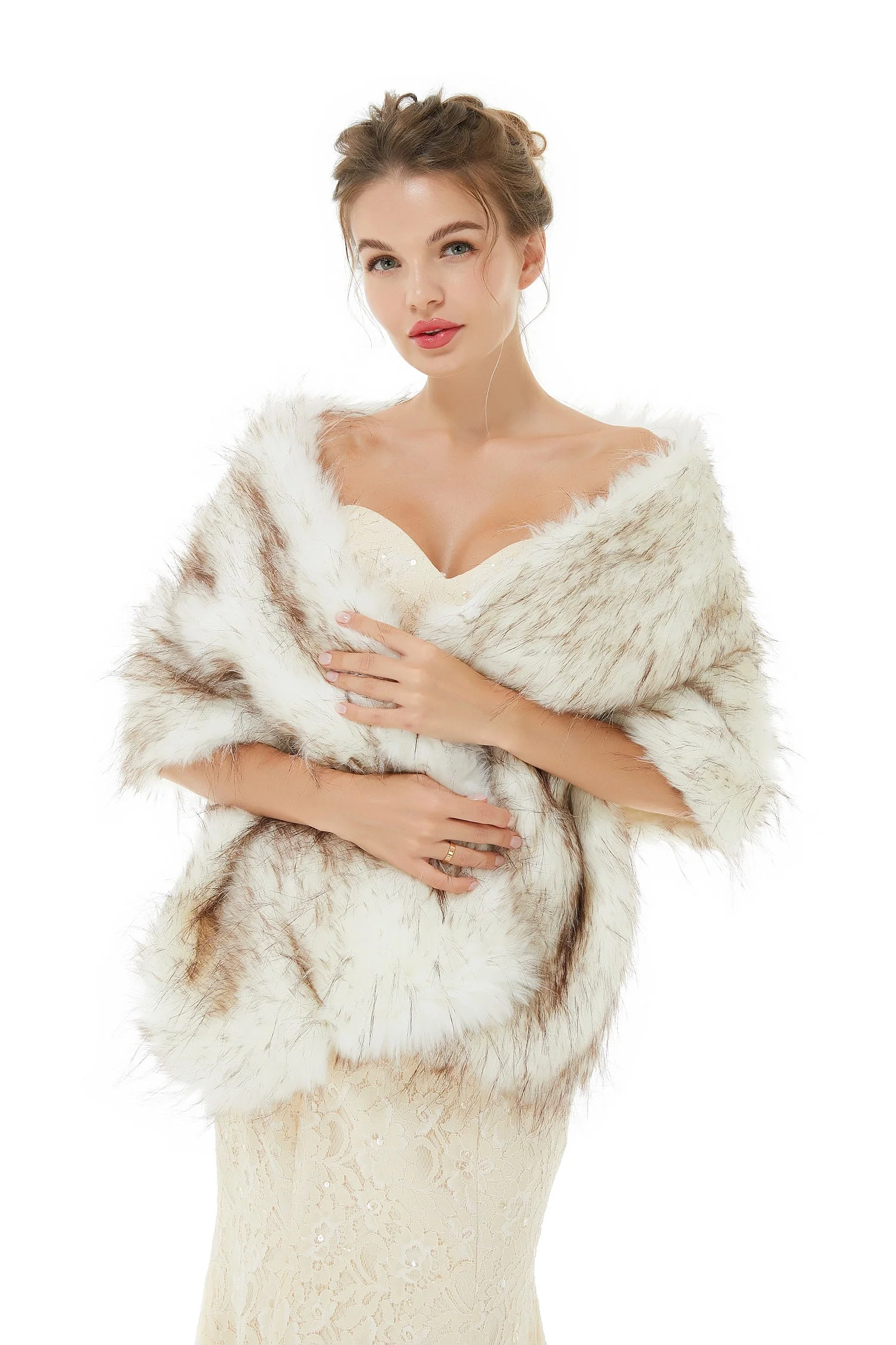 Warm Light Brown Wedding Wraps Faux Fur Bridal Cover Up - Image 3