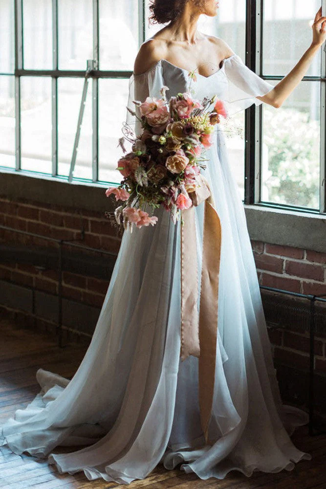 Wedding Dress A-line Off The Shoulder Sleeveless Pleated Court Train Chiffon Boho Bridal Gowns - Image 2