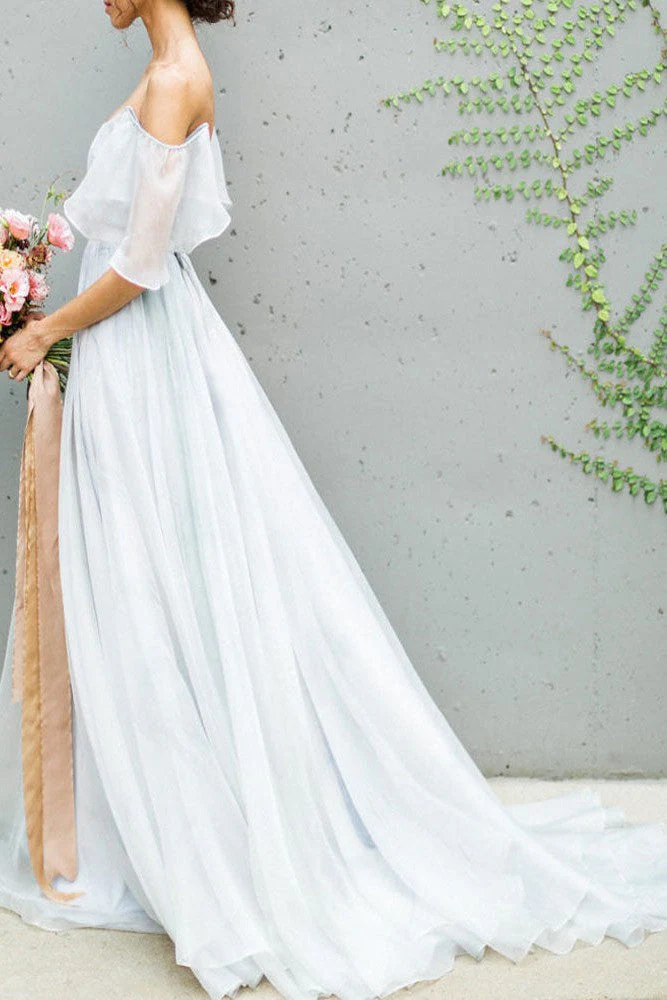 Wedding Dress A-line Off The Shoulder Sleeveless Pleated Court Train Chiffon Boho Bridal Gowns - Image 4