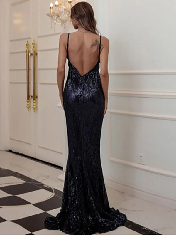Glamorous Black Sweep Sleeveless Sequins Sweetheart Neck Evening Dresses - Image 2