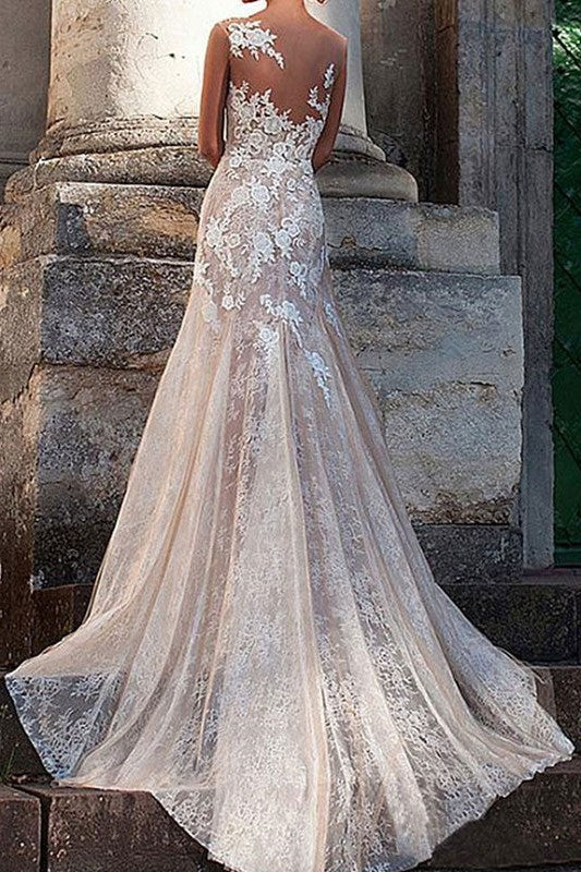 Wedding Dress Column Chic V-Neck Sleeveless Long Lace Tulle Sexy Backless Bridal Gown With Train - Image 2